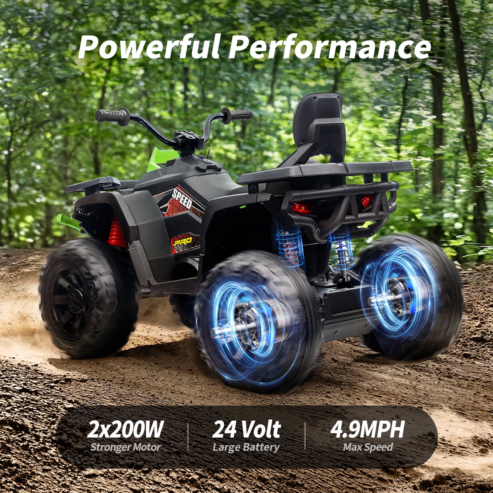 Hikiddo 24V Kids ATV 4 Wheeler, 2-Seater Powered Ride on ATV Toy for Big Kids w/ Bluetooth, 400W Motor - Black
