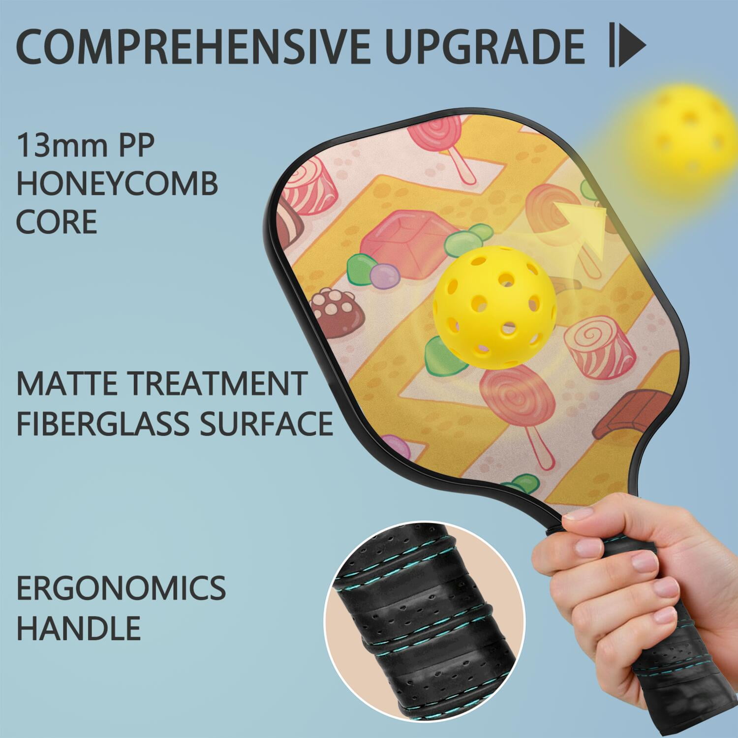 Pickleball Paddles Set Of 1, Fiberglass Surface, Sweet Candy Print, 1 Paddle, 2 Balls & Bag