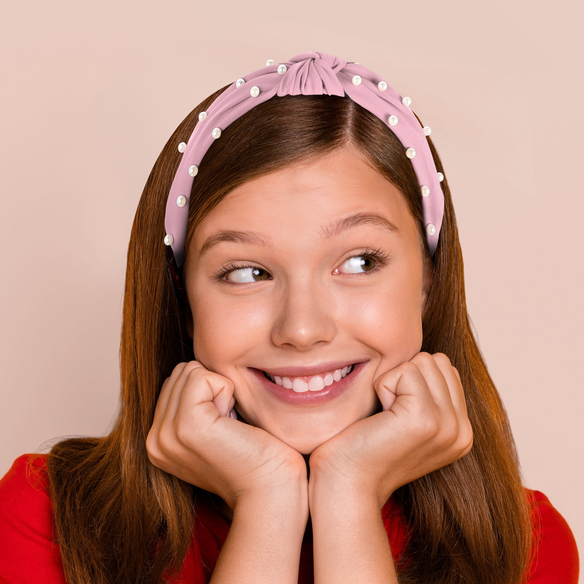 Unique Bargains 1 Pcs Satin Knotted Pearl Headband Hairband for Women 1.1 Inch pink