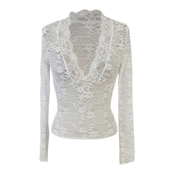 Fiaer Lace Cropped T Shirts for Women Deep V Neck Slim Fit Long Sleeve Tshirts Fashion Hollow out Solid Color Tops White S