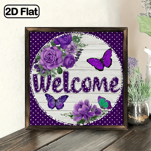2D Flat, Rustic Round Hanging Wood Sign Welcome Floral Wreath Sign, Butterfly Wreath Sign, Front Door Decor, Purple Wreath Sign Wooden Plaques Hanging for Home Decoration