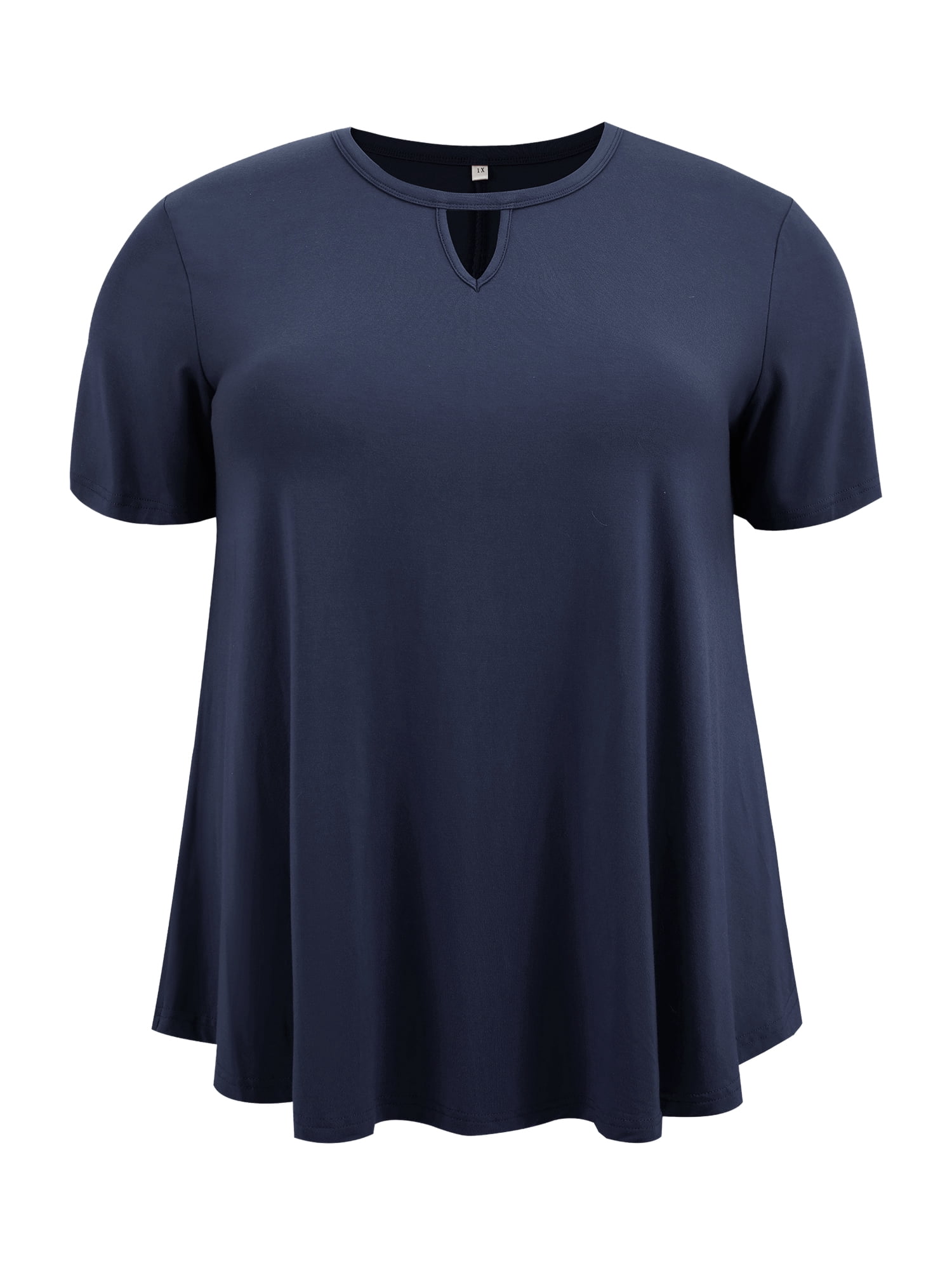 DARING DIVA Women's Plus Knit Keyhole Crew Neck Short Sleeve Blouse 4X Navy Blue