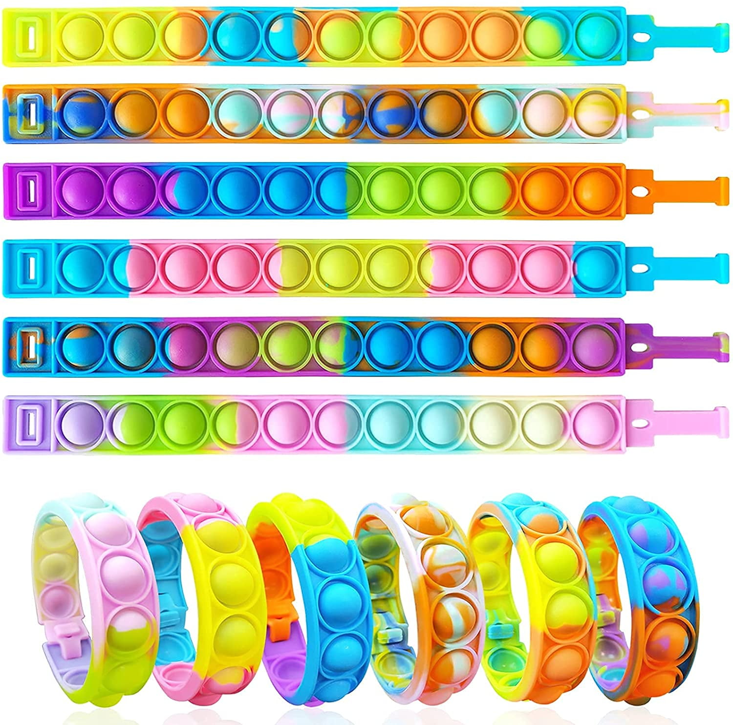 Updated and Adjustable Multicolor Stress Relief Finger Press Bracelet for Kids and Adults ADHD ADD Autism 24 Pcs Push Pop Fidget Toy Fidget Bracelet 24 PCS-Adjustable