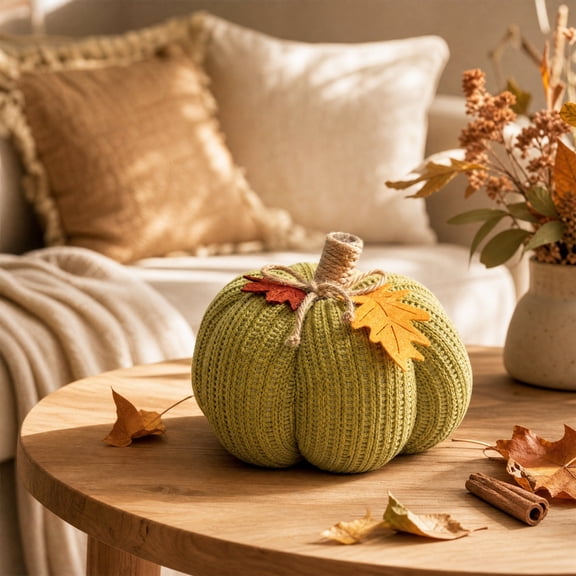 Handmade Knitted Pumpkin Decor with Maple Leaves, Soft Fabric Autumn Ornament for Halloween and Thanksgiving, Farmhouse Mantel and Kitchen Table Centerpiece, Perfect Gift Idea