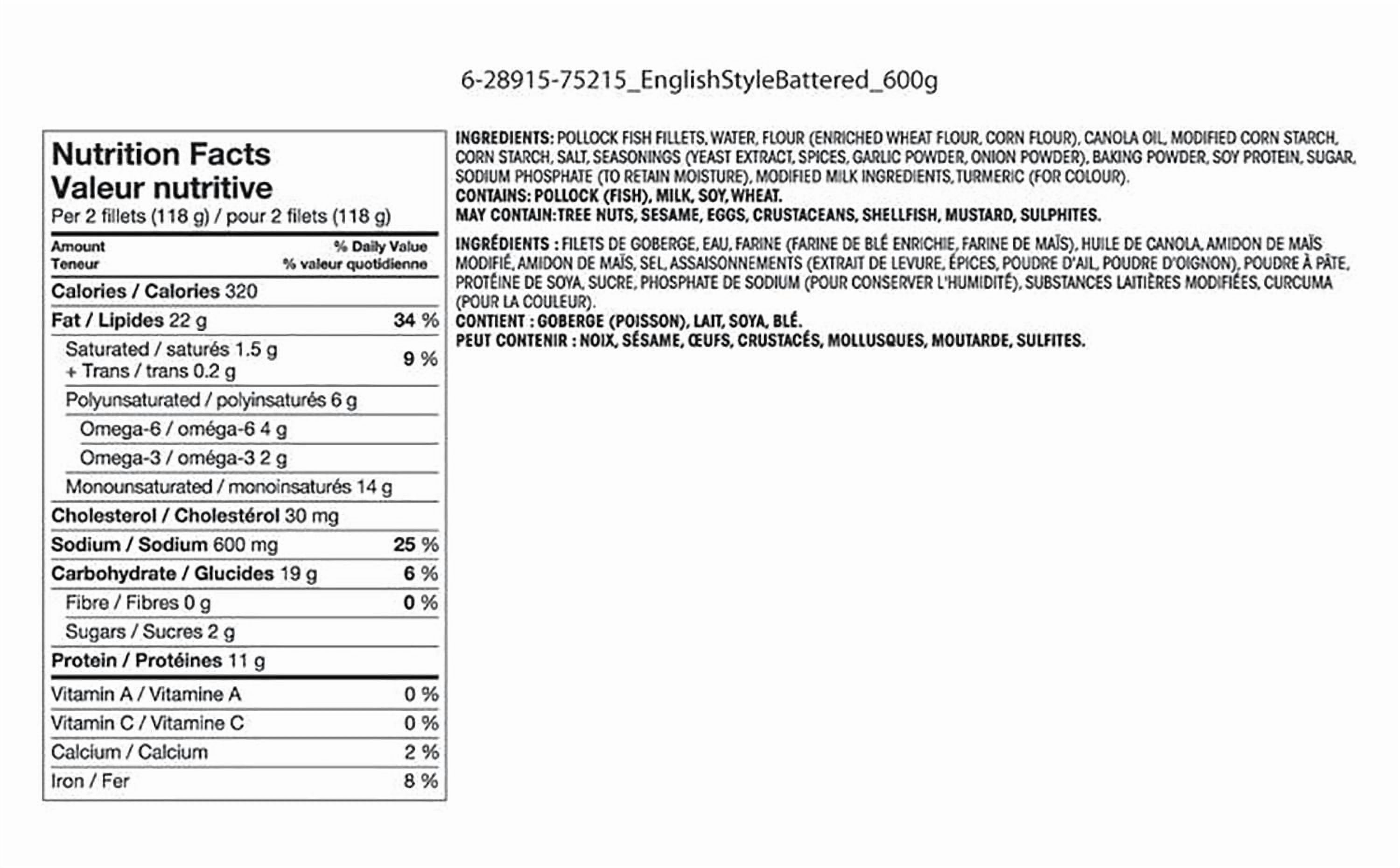 Great Value – Filets de poisson panés à l'anglaise, surgelés 600g