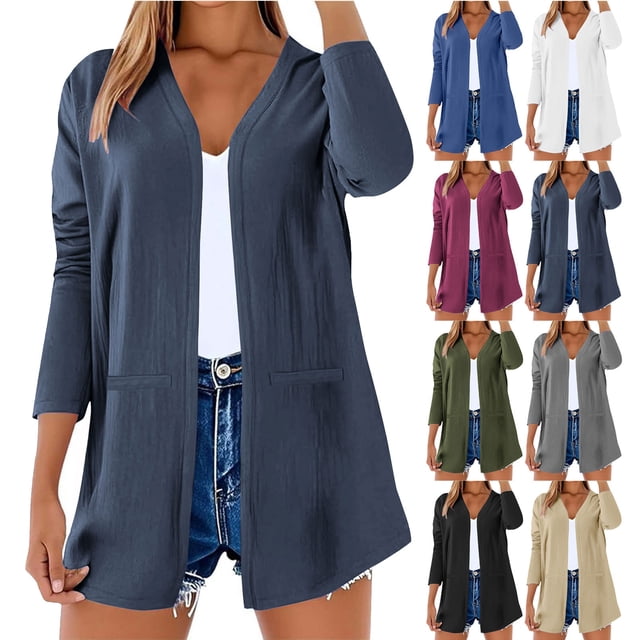 Top de encaje color crema,Cárdigan de lino para mujer, escote en V, abertura frontal, manga larga con bolsillos, poliéster ligero, uso diario informal, sopatenor