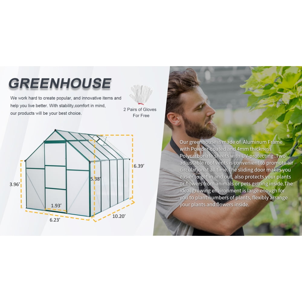 6X10 FT Greenhouse - Sturdy Walk-In Design with Raised Base and Heavy-Duty Aluminum Frame. Ideal for Year-Round Outdoor Gardening in Your Backyard. Cultivate Your Green Paradise