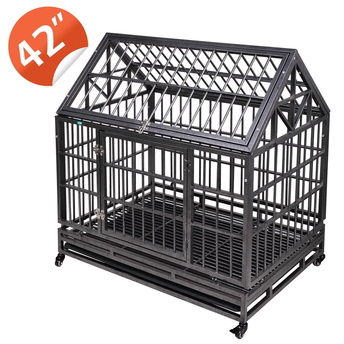 Coziwow 37 Heavy Duty Dog Crate Metal Kennel Tip Roof with Wheels &Tray,  Black 