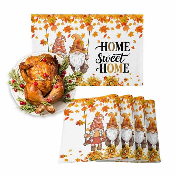 Fall Placemats Set of 4 Maple Leaves Gnome Place Mats Thanksgiving Placemat Sunflower Home Sweet Home Table Mats for Dining Kitchen Table Holiday Dinner Party Home Fall Decorations 13x19 Inch