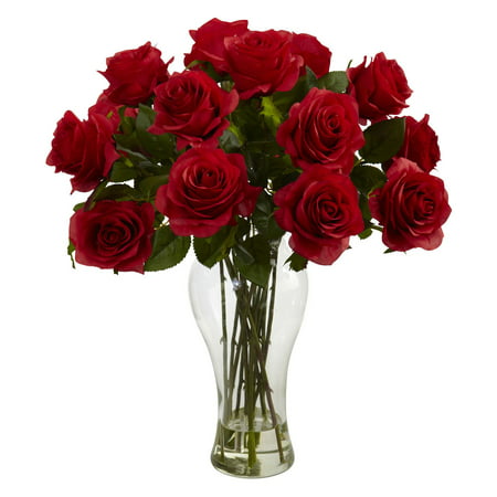 Nearly Natural Blooming Roses with Vase, Red