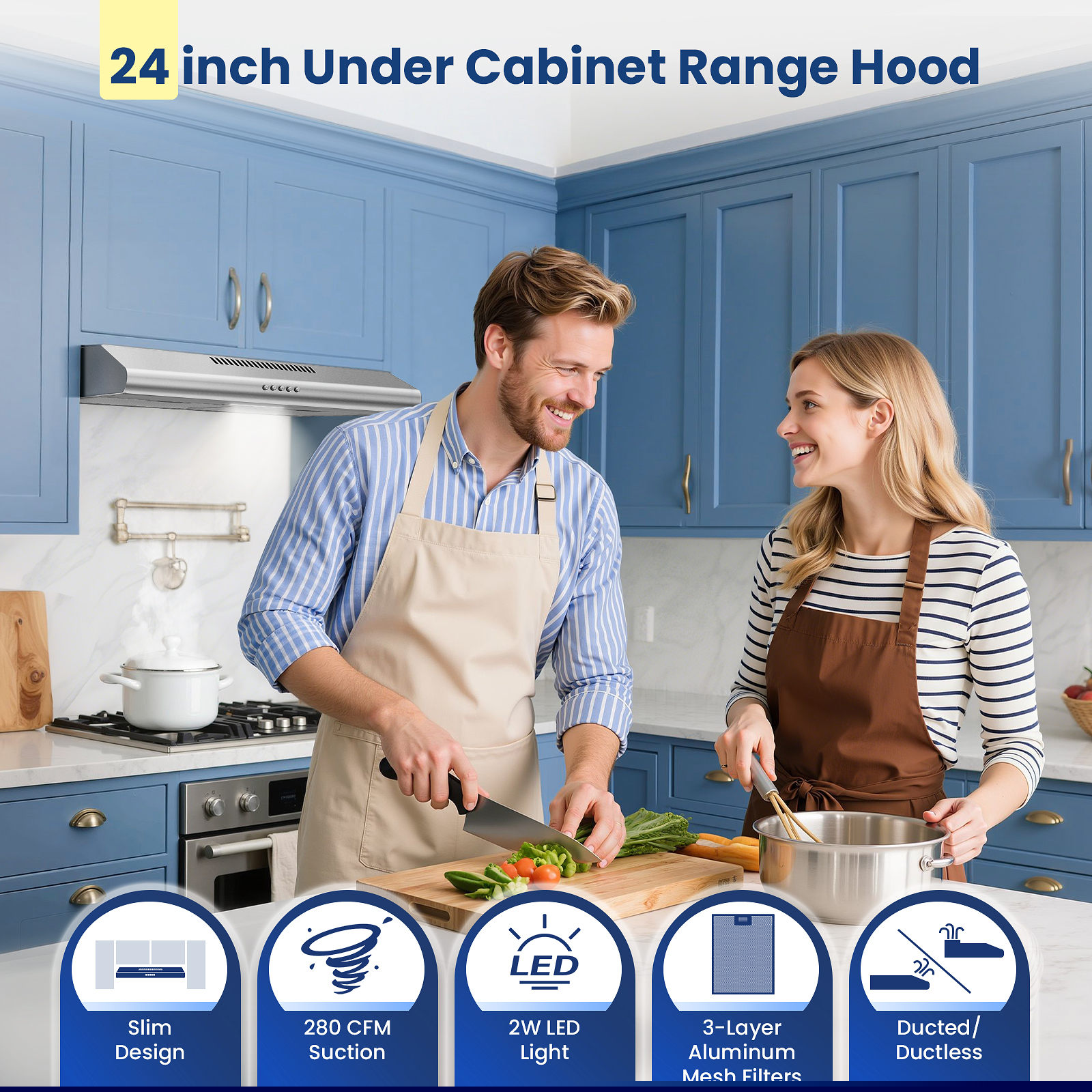 Joeaonz 24-Inch Stainless Steel Range Hood with Ventless Filters, 280 CFM, 3-Speed, Easy Clean, 120V, Canada Certified