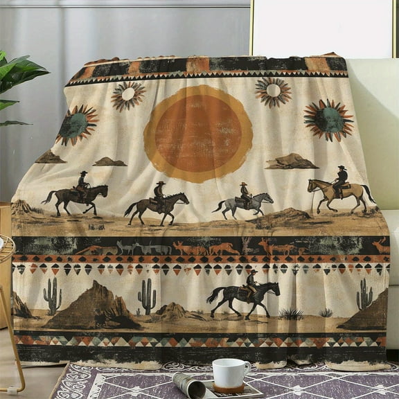 [Mixed Colors Digital Print Throw] 1pc, Rustic Western Horse & Sun Print Flannel Throw, Soft Warm Blanket for Sofa, Bed, Car, Office, Camping