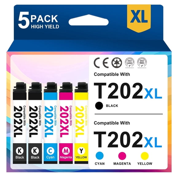 202 Ink Cartridges 5 PACK Compatible for Epson 202 202XL T202XL T202 Ink for WF-2860 WF-3820 WF2860 WF3820 Printers, 202 XL Black,Cyan,Magenta,Yellow