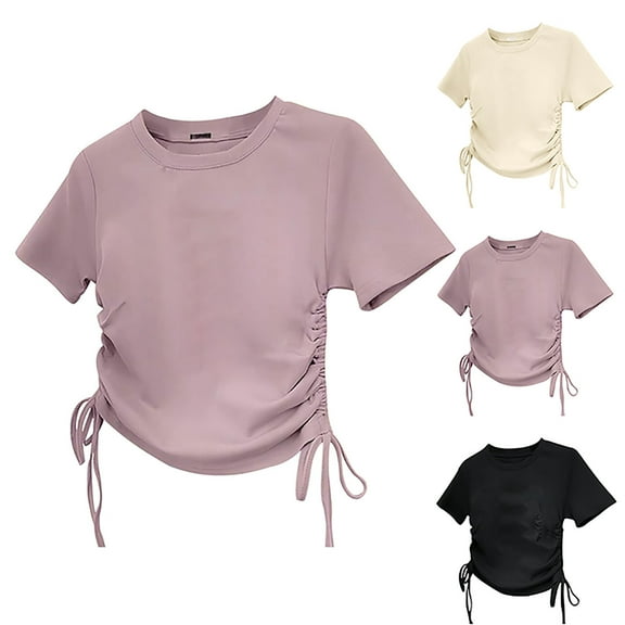 Viluyesy Girls T-Shirt 10-12T, Summer Sweet Drawstring Waist Crew Neck Casual Daily Tee Pink(4-14T)