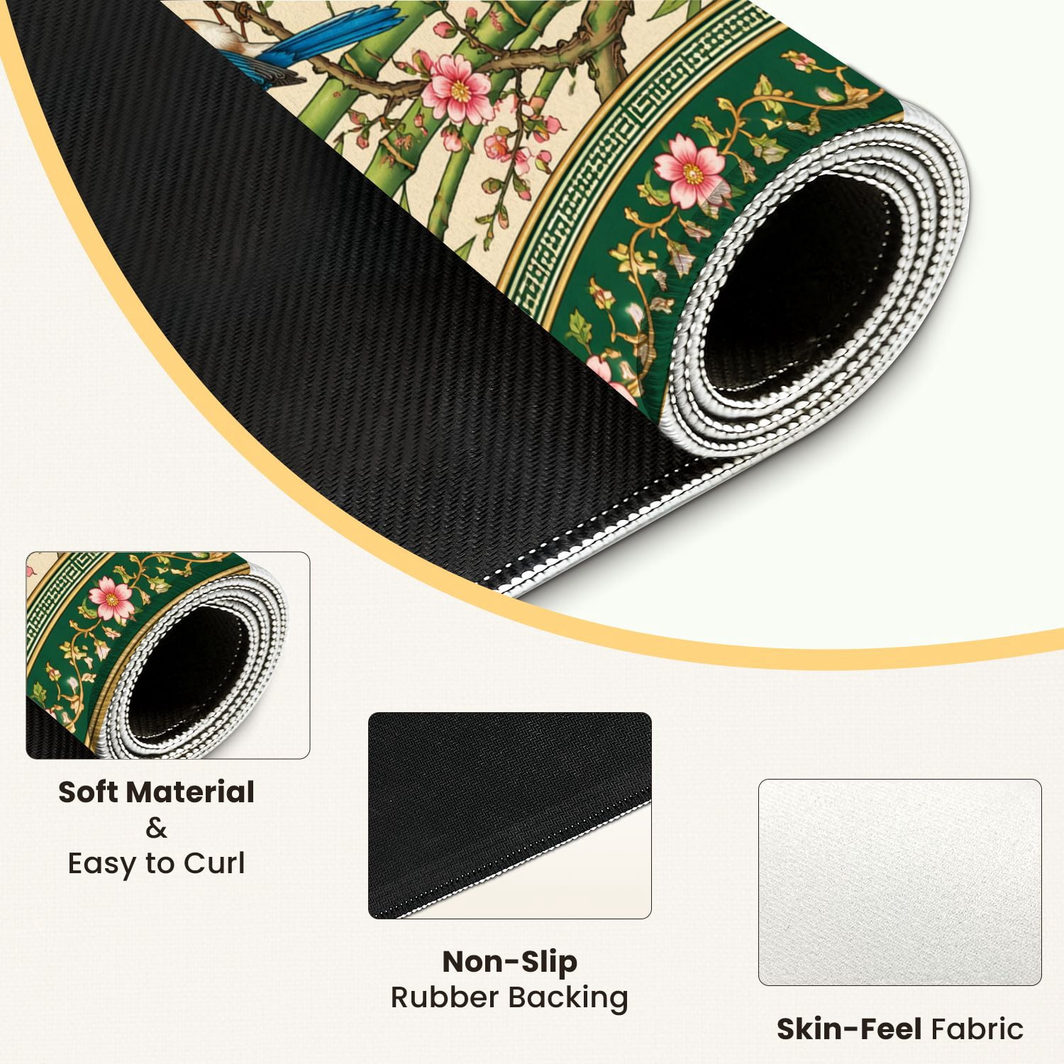 Mahjong Mat 31.5" x 31.5" Ornamental Birds Floral Bamboo Green Frame Non-Slip Noise Reduction Mahjong Tiles Table Cover for Dominoes Poker Card Board and Tile Games