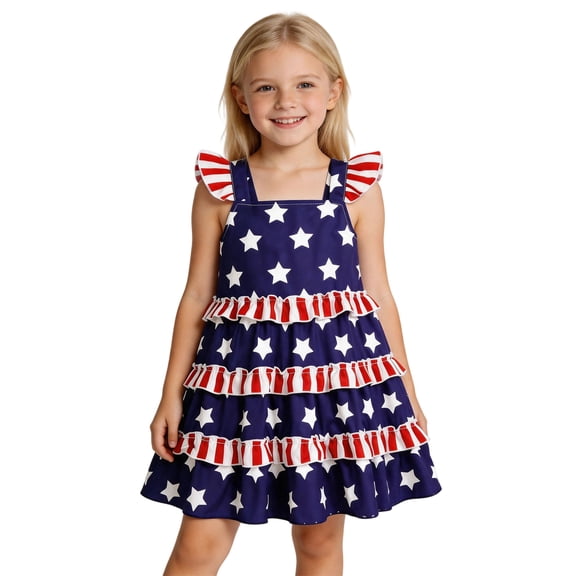 CAIXIA 4th of July Toddler Little Girl Outfit Fourth of July Red White and Blue Dress American Flag Kids Girls Dresses