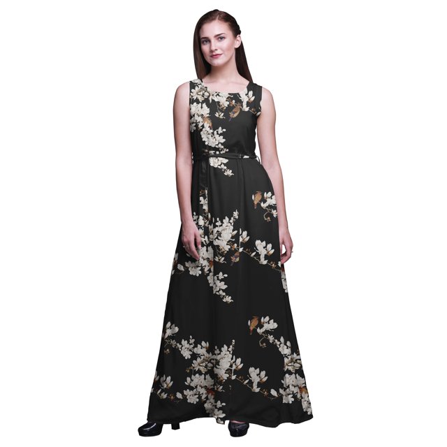 Bimba Robe Longue Décontractée Sans Manches à Col Rond pour Femmes, Imprimé Oiseau, X-Grand