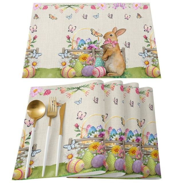 Dsscvnef Motif Lapin de Pâques Œuf en Lin Imprimé Cuisine Salle à Manger Ensemble de Table Décoratif Isolé(8) Napperons Ronds pour Table à Manger