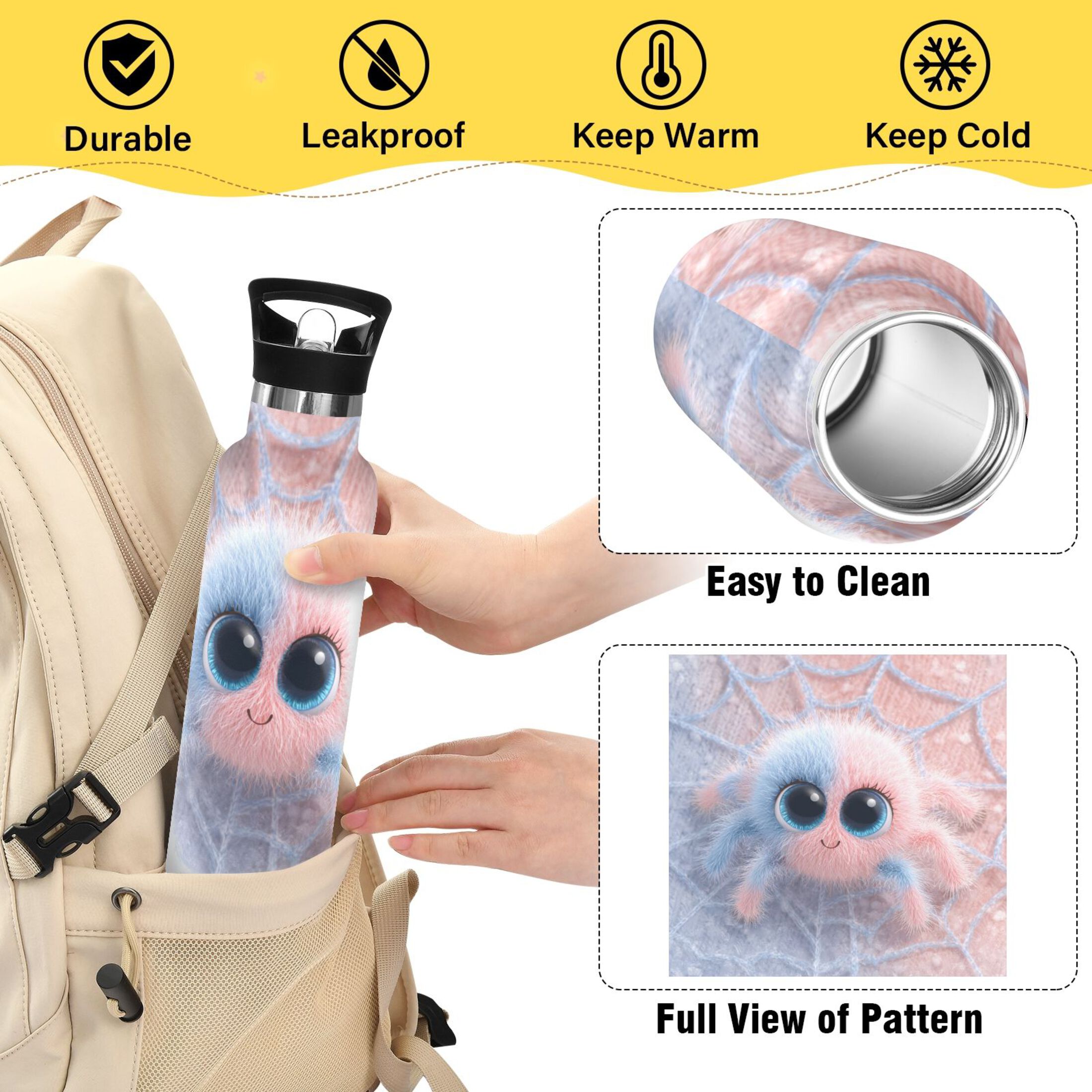 600ML Stainless Steel Insulated Cup Sports Water Bottle Portable Thermos Cup Water Glasses Insulated Tumblers Convenient and Durable Cute Spider