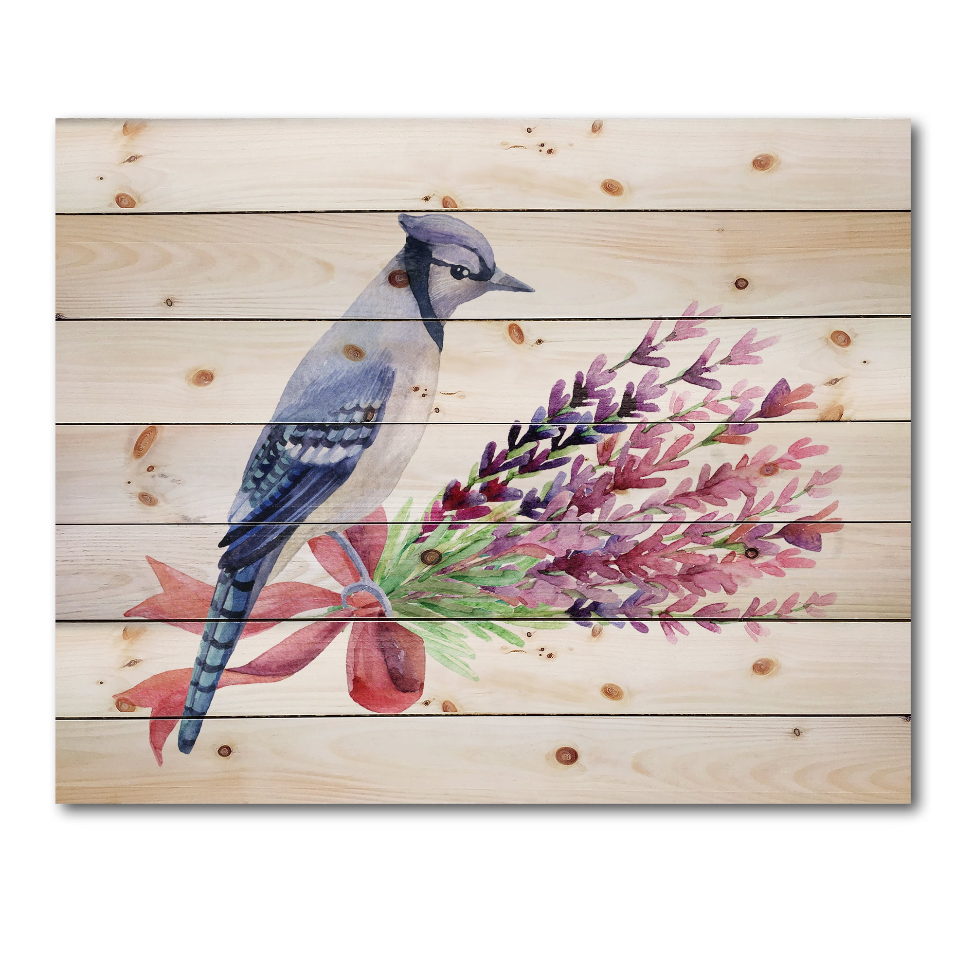 Designart 'Blue Jay Bird On Bouquet Of Pink Flowers' Traditional Print on Natural Pine Wood
