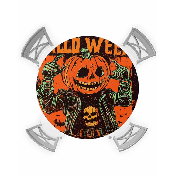 nqOlkjepod Halloween Round Tablecloth, Fitted Table Cover with Elastic for 45"-54" Round Tables, Skull Pumpkin Orange Fall Holiday Table Cloth Outdoor Indoor Dinning Party Waterproof Tablecloths
