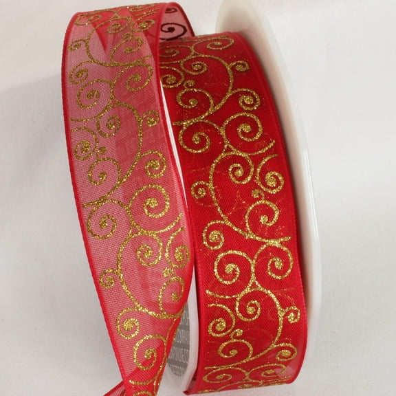 The Ribbon People Sheer Red and Gold Swirl Wired Craft Ribbon 1.5" x 27 Yards