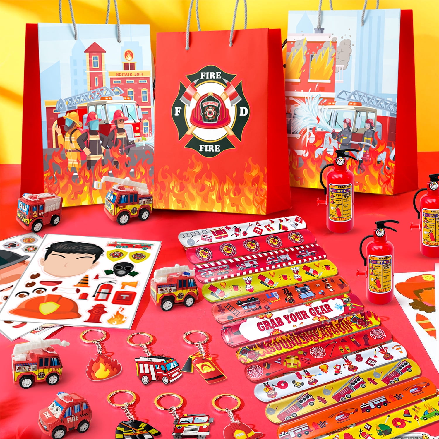 72pcs Firefighter Birthday Party Favors,Fire Truck Party Favors Set- Firefighter Party Stickers Slap Bracelets Keychains etc Firefighter Themed Party Favors for Firefighter Party Decorations Supplies