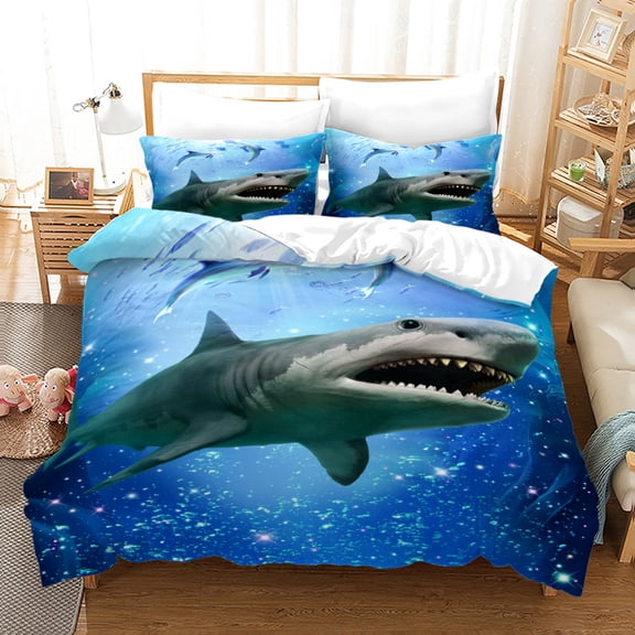 YJHDM 3D Boys' and Men's Bedding Set Shark Duvet Cover Pillowcase 2/3pcs Quick Drying Home Textile