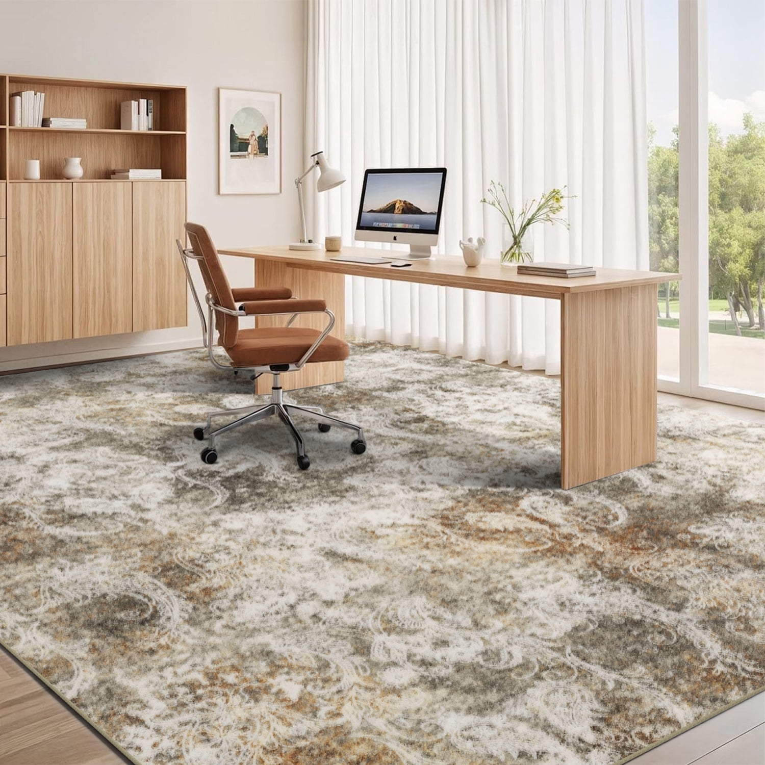 Washable Area Rug for Living Room, NovDeco 8'x10' Boho Blue Floral Print Indoor Rug, Soft Low Pile & Stain Resistant Carpet for Bedroom Dining Room