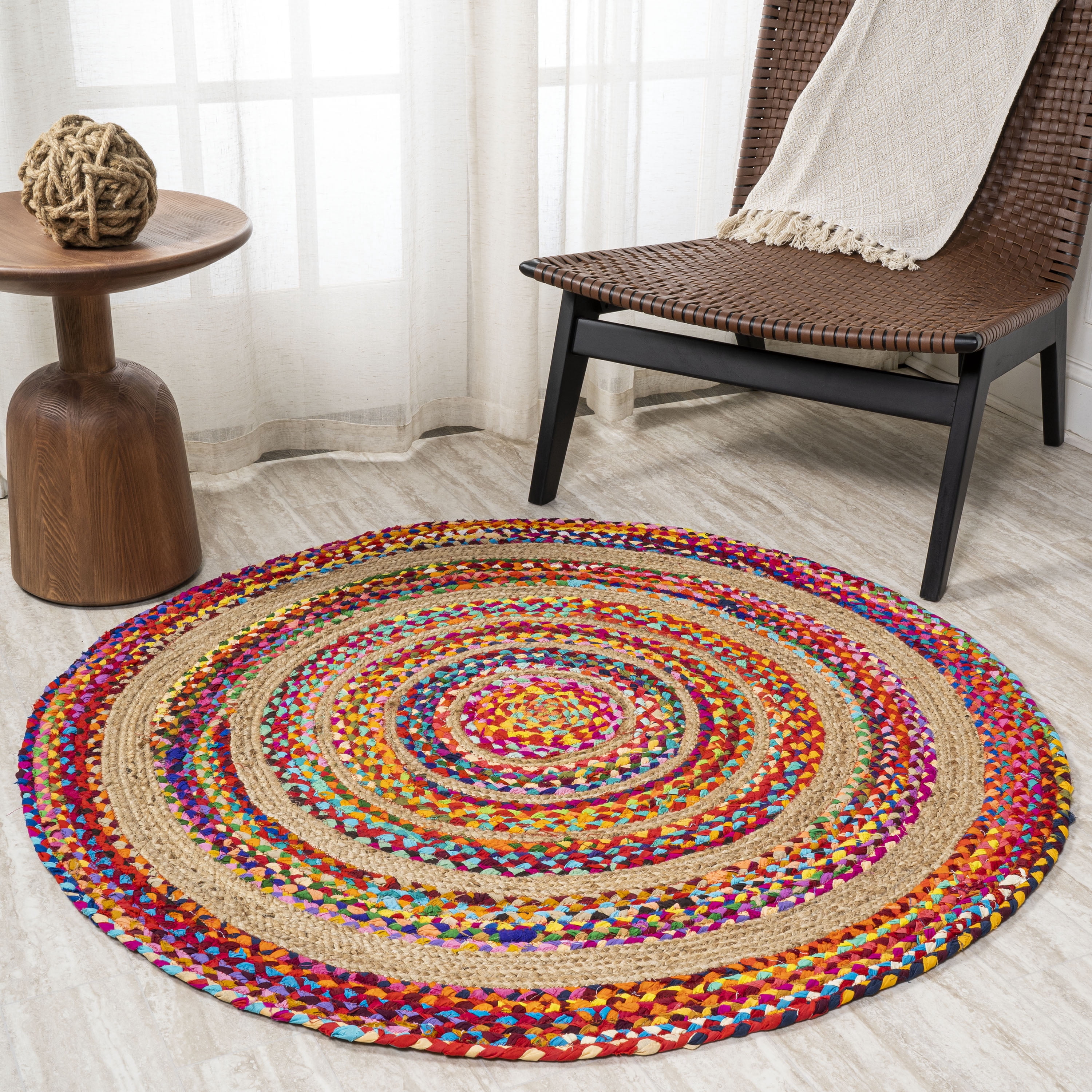 JONATHAN Y ANSA 8' Round Area Rug, Isla Boho Braided Rag & Jute - Multi/Natural, RNF105A-8R