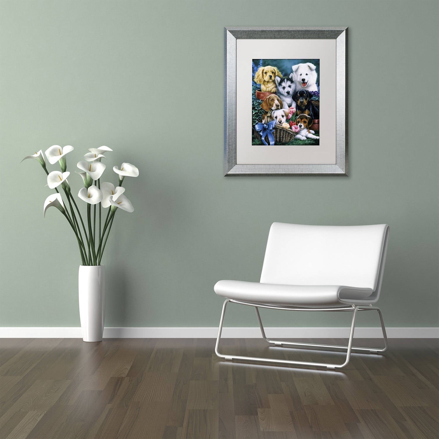 Trademark Fine Art 'Puppies' Canvas Art by Jenny Newland, White Matte, Silver Frame