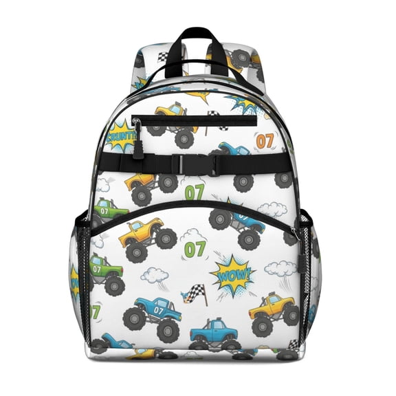 Monster Cartoon Truck White Pattern Cute School Backpack Bag for School with Padded Back and Adjustable Shoulder Straps 15.25"x11.5"x5.25"