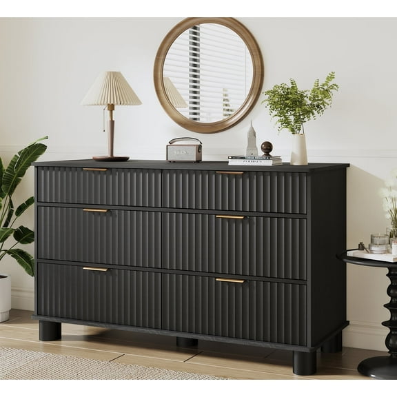 aaculpet Black 6 Drawer Dresser for Bedroom, 53” Modern Storage Cabinet with Wave Texture, Smooth Gliding Drawers, TV Stand Closet Organizer for Living Room