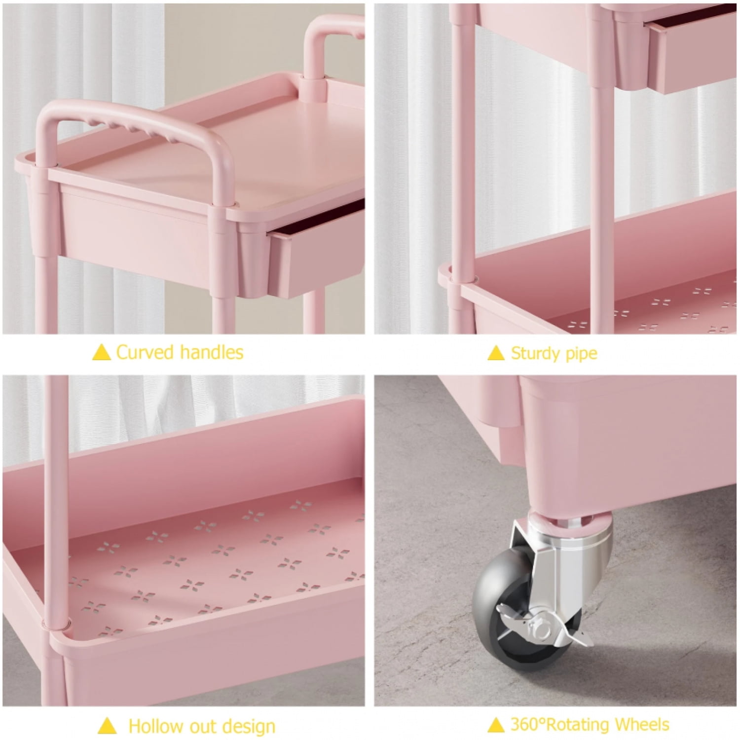 NTGFU 3 Tier Rolling Storage Cart with Drawers Rolling Utility Cart with Drawers,Room Decor,Bathroom Decor,Rolling Utility Cart Rolling Storage Organizer Tool for Kitchen,Pink