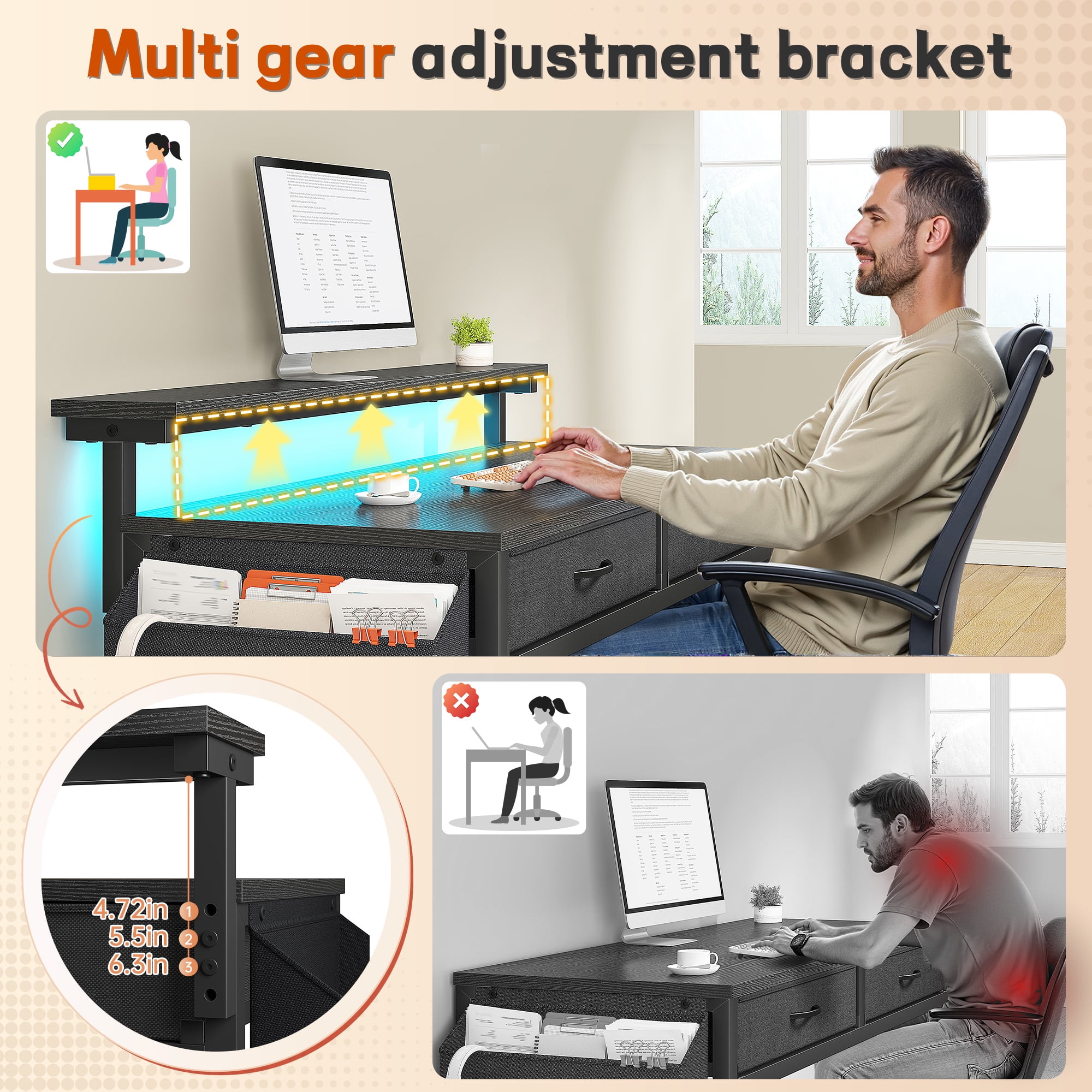 Romorgniz 37.8" H Computer Desk with LED Lights Small Desk with 2 Fabric Drawers & Side Pocket, Ergonomic Study Desk with Monitor Stand for Home Office, Gaming, Small Spaces, Black