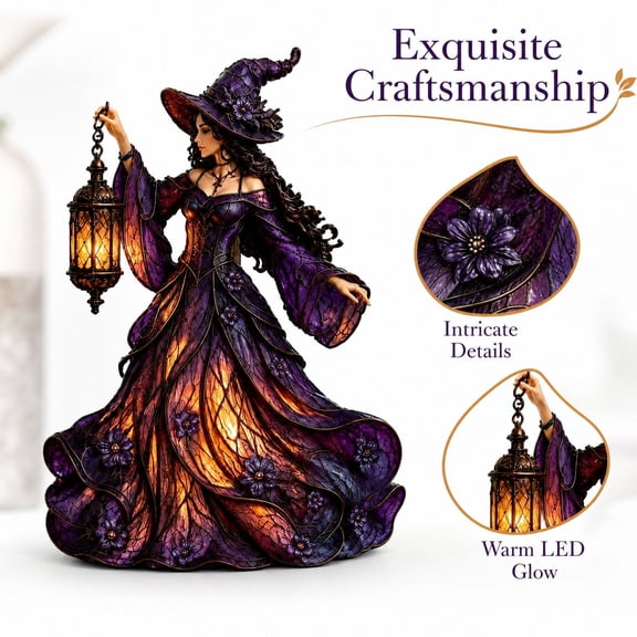 Halloween Witch Figurine with Warm LED Lantern, Gothic Witch Statue, Purple Witch Tabletop Sculpture for Home Mantel Shelf Halloween Decor, Holiday Collectible Gift