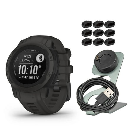 Garmin Instinct 2S GPS Smartwatch (Graphite) Bundle with Focus Camera Portable Charger Stand and USB Charging Cable, and Focus Charger Port Protectors (9-Pack) (3 Items)