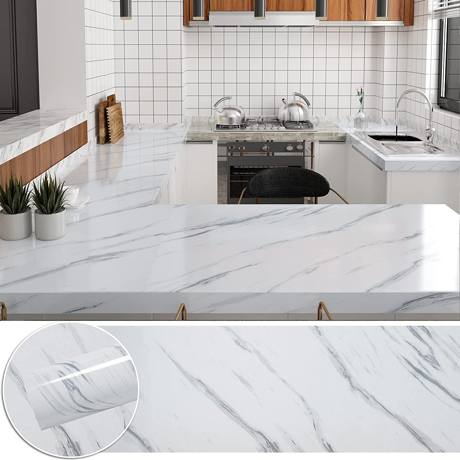 30"x236" White Marble Contact Paper, Waterproof, SelfAdhesive for