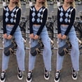 thumbnail image 3 of Women Long Sleeve Button Down Knit Cardigan Vintage Argyle Plaid Sweater Coat, 3 of 14