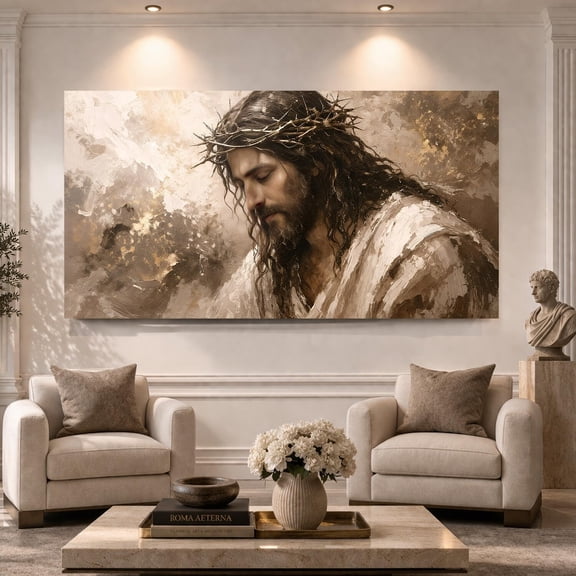 Crowned Serenity Portrait | Jesus Praying Canvas Wall Art | Christian Wall Decor | Religious Artwork | Jesus Portrait | Faith Home Decor