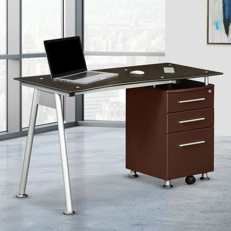 Techni Mobili Stylish Brown Tempered Glass Top Computer Desk With Brown Tempered Glass Top Computer Desk