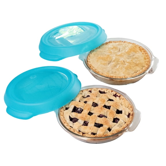 Libbey Baker’s Premium Glass Pie Dish Set of 2 with Lids, 9 Inch Round Baking Dishes, Stackable Bakeware with GreatGrip Handles, Durable Covered Pie Plates