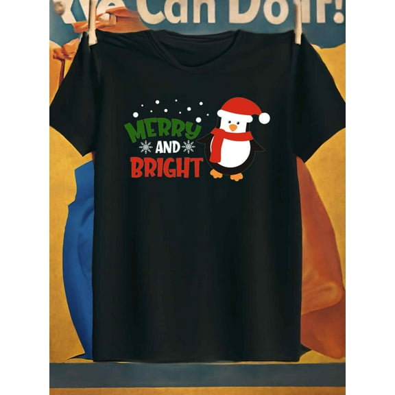Penguin Merry Bright Christmas t-shirts t-shirt for men 180G 100% Cotton black Wearable year-round Christmas crew glitter humor beach glitter beach Christmas crew humor elegant Christmas beach glitt