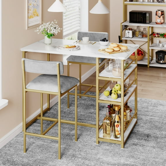 EastVita Kitchen Table Set,Dining Table & 2 Chairs with Storage Shelf,Bar Dining Table Set for Small Spaces,Apartment,White Gold