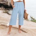 thumbnail image 4 of Kctiaxy Linen Pants Women Summer Elastic Waist Wide Leg Capri Pants Solid Color Casual Beach Loose Cropped Trousers with Pockets, 4 of 7