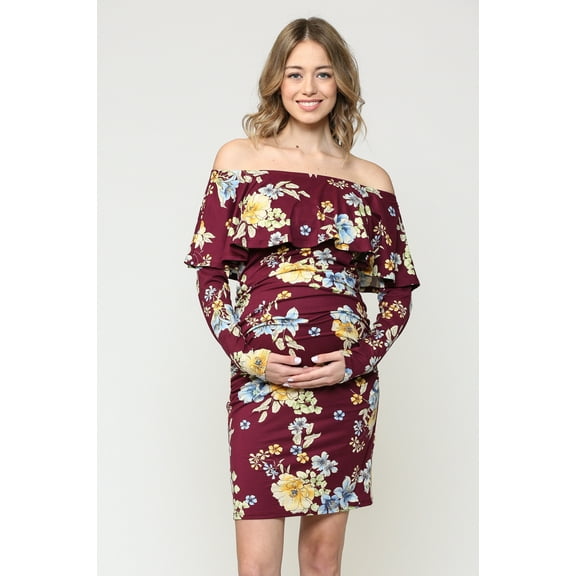 Floral Ruched Off the Shoulder Maternity Dress