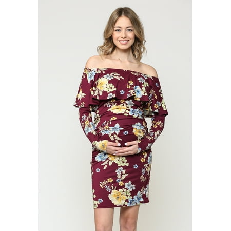 Floral Ruched Off the Shoulder Maternity Dress