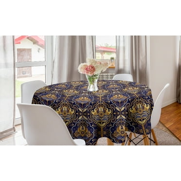 Asian Round Tablecloth, Oriental Antique Pattern Foliage Inspirations Geometrical Design, Circle Table Cloth Cover for Dining Room Kitchen Decor, 60", Yellow Purple, by Ambesonne