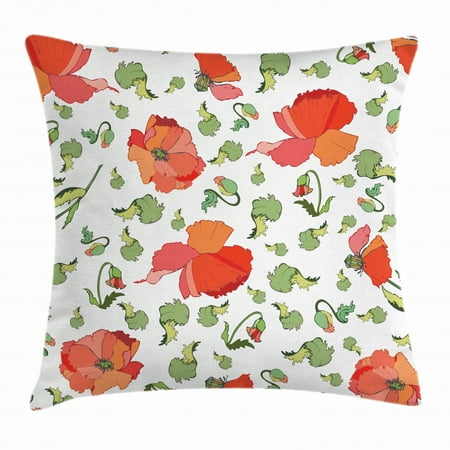 Poppy Throw Pillow Cushion Cover Blooming Poppies Buds And Green