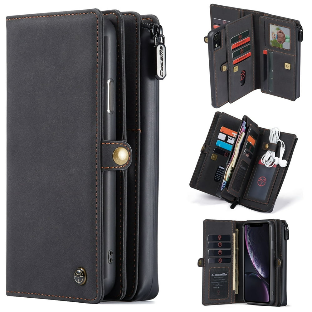 iPhone XR Wallet Case, Dteck Matte Leather Zipper Wallet Case 17 Card